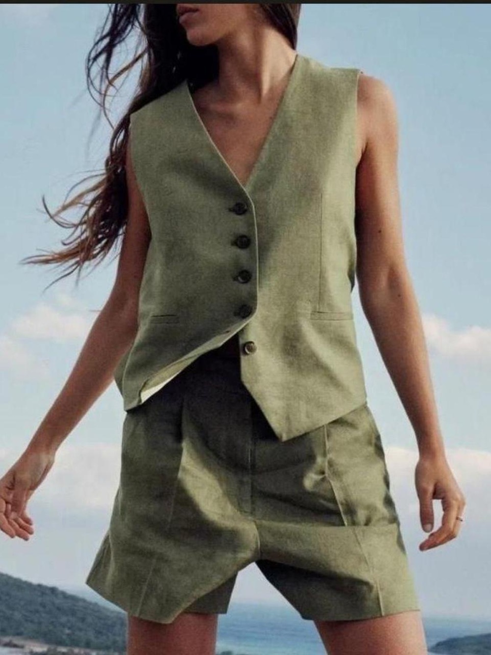 Zara Linen Blend Vest & Shorts Set - Women's Tailored Two-Piece
